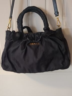 Prada Black Nylon Braided-Handle Shoulder Bag with Gold Hardware